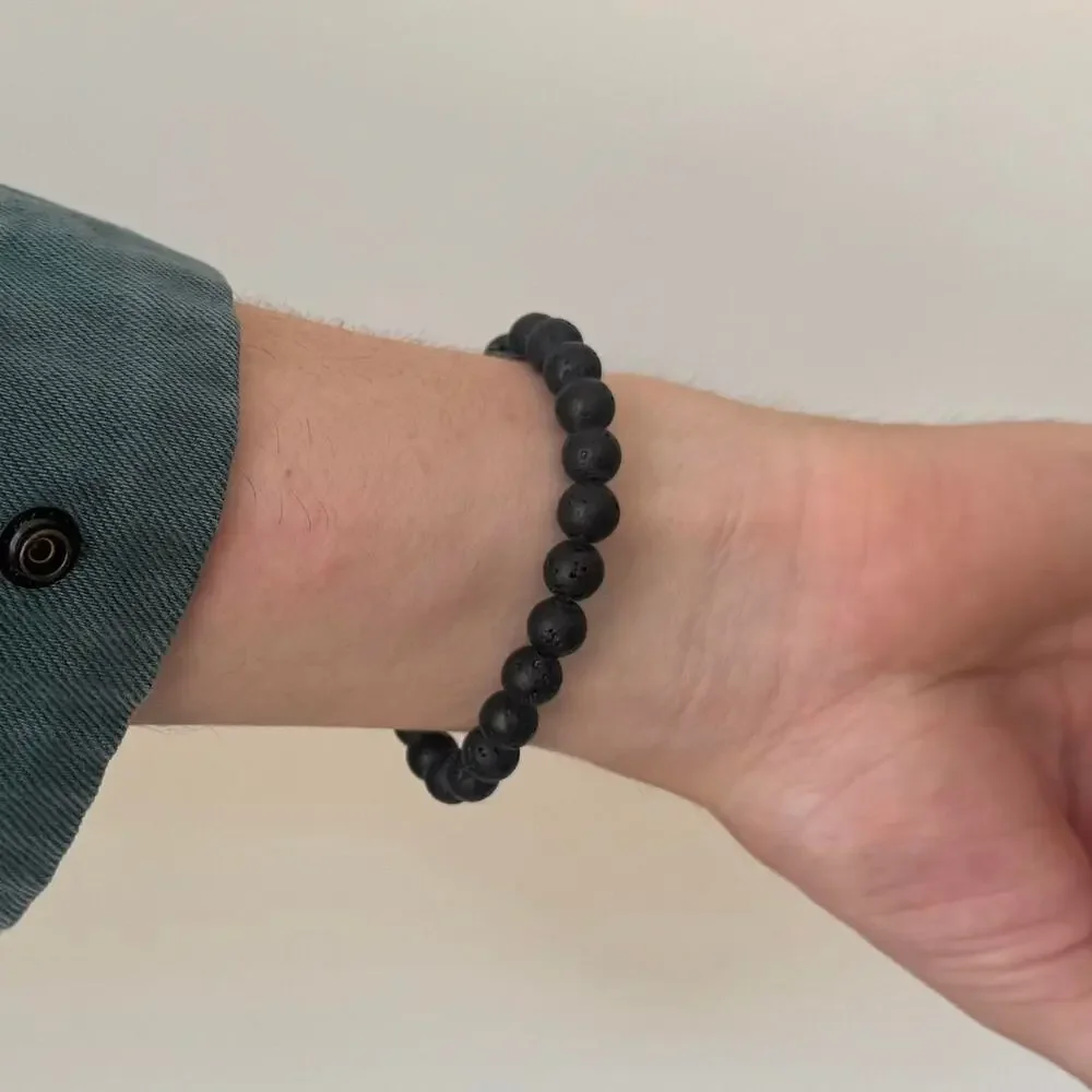 Y2K Black Lava Stone Cross Bracelet Unisex Stretch Minimalist Beaded Accessory